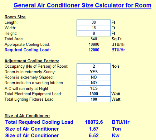 HVAC / Air Conditioner Size Calculator Spreadsheet