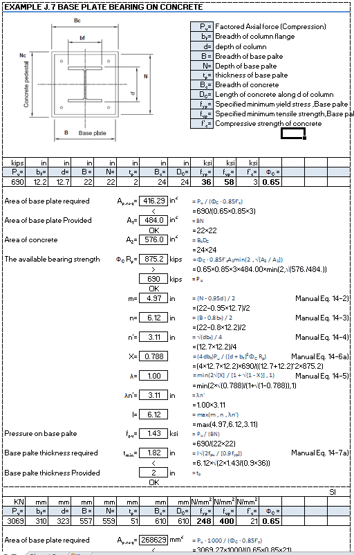 AISC Base Plate for Compression Spreadsheet Calculator