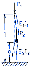 Stepped straight bar under end load P1 and intermediate load P2; upper end pinned, lower end fixed