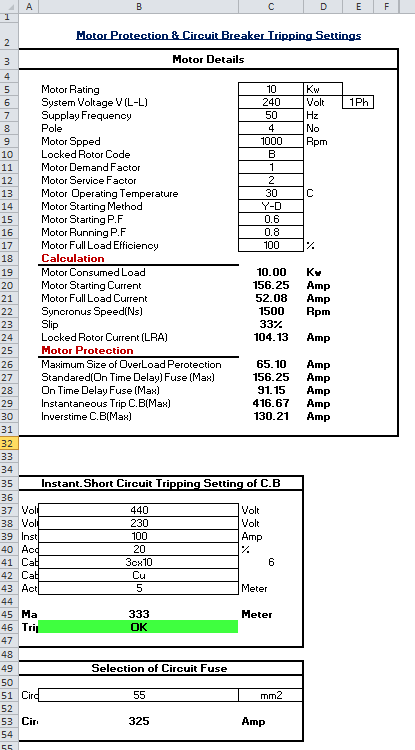 Electric Motor Circuit Breaker Tool Calculator Spreadsheet