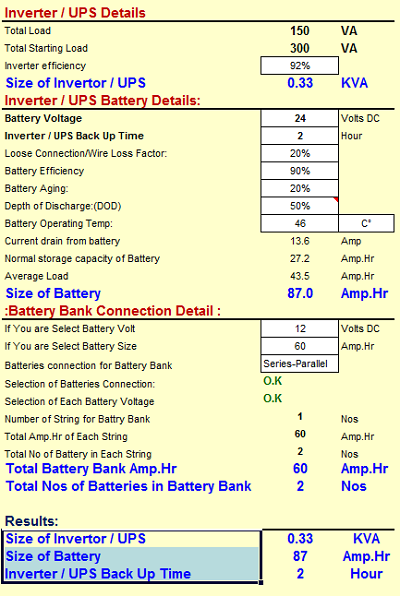 Uninterrupted Power Supply (UPS) Requirements Calculator Spreadsheet