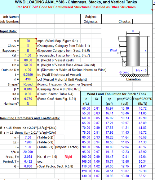 Wind Loading Analysis Chimneys, Stacks, and Vertical Tanks Excel Calculator Spreadsheet 